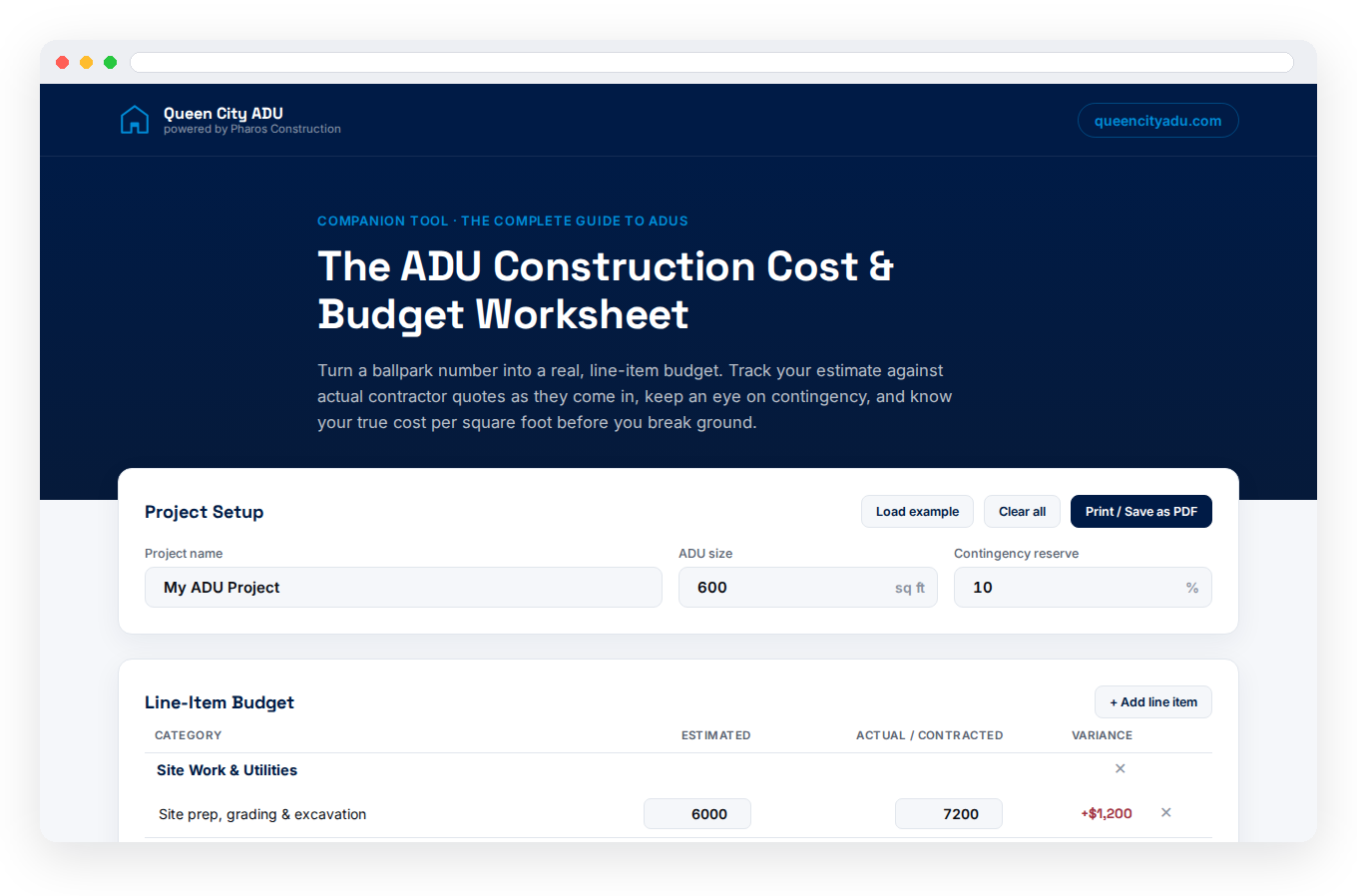 Screenshot of the Construction Cost and Budget Worksheet tool